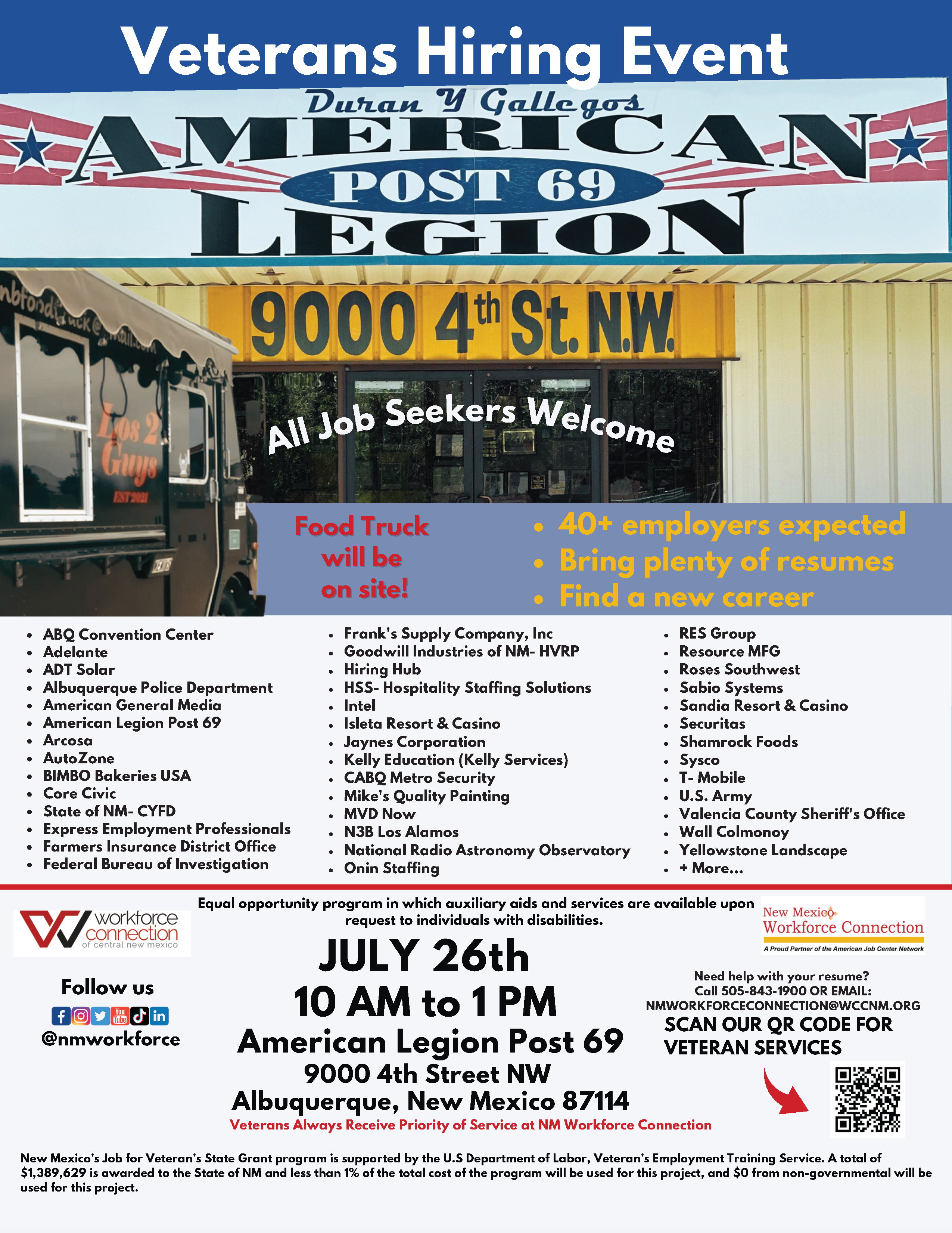 Duran y Gallegos American Post 69 Legion Veterans Hiring Event flyer