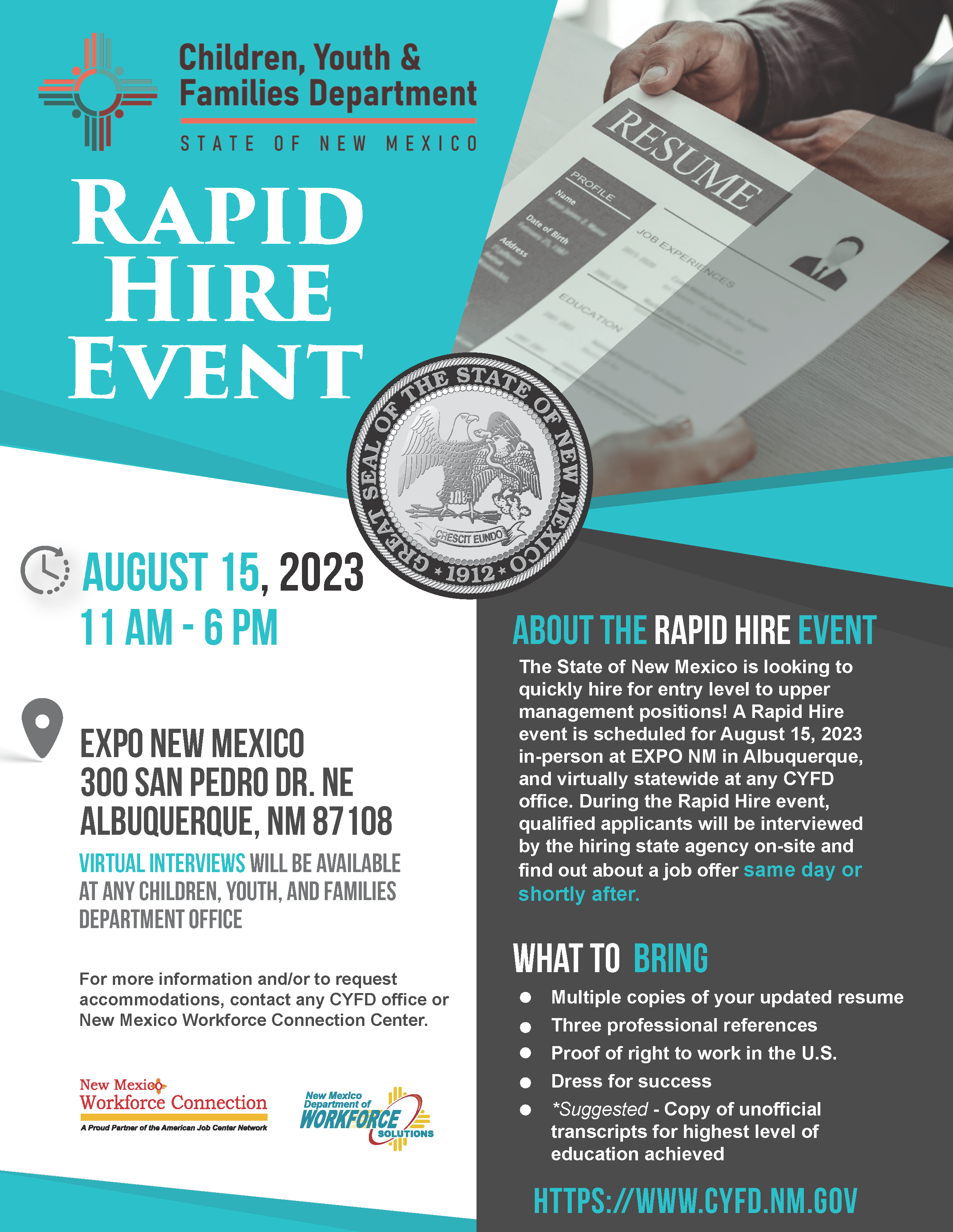 Rapid Hire Event CYFD flyer