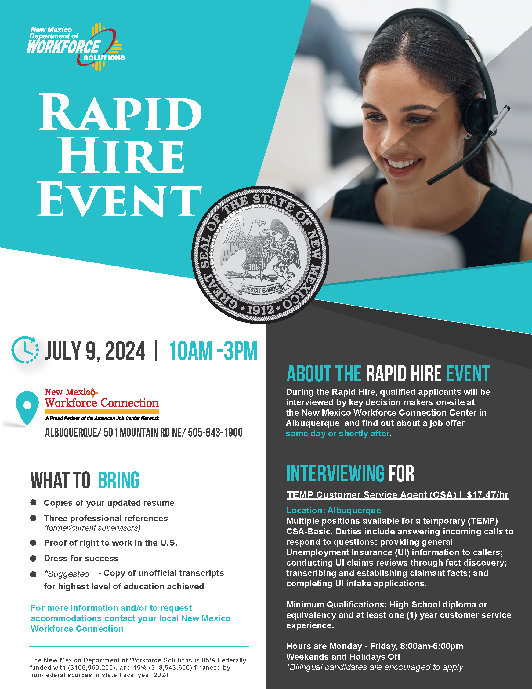 New Mexico Department of Workforce Solutions Rapid Hire Event flyer for July 9th, 2024