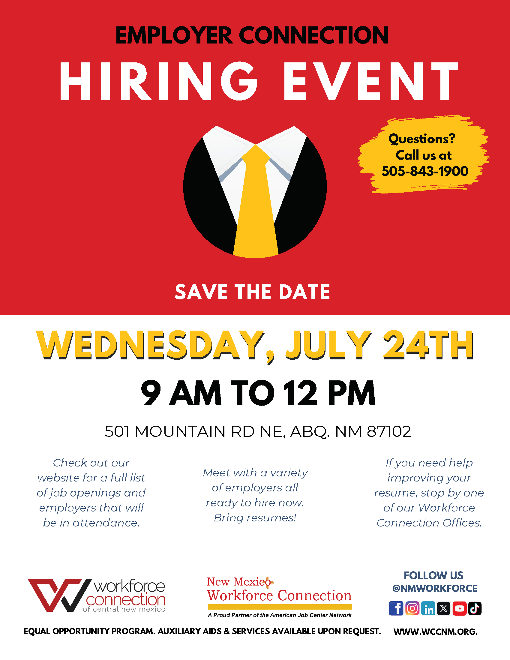 Employer Connection Hiring Event Wednesday, July 24th - Flyer