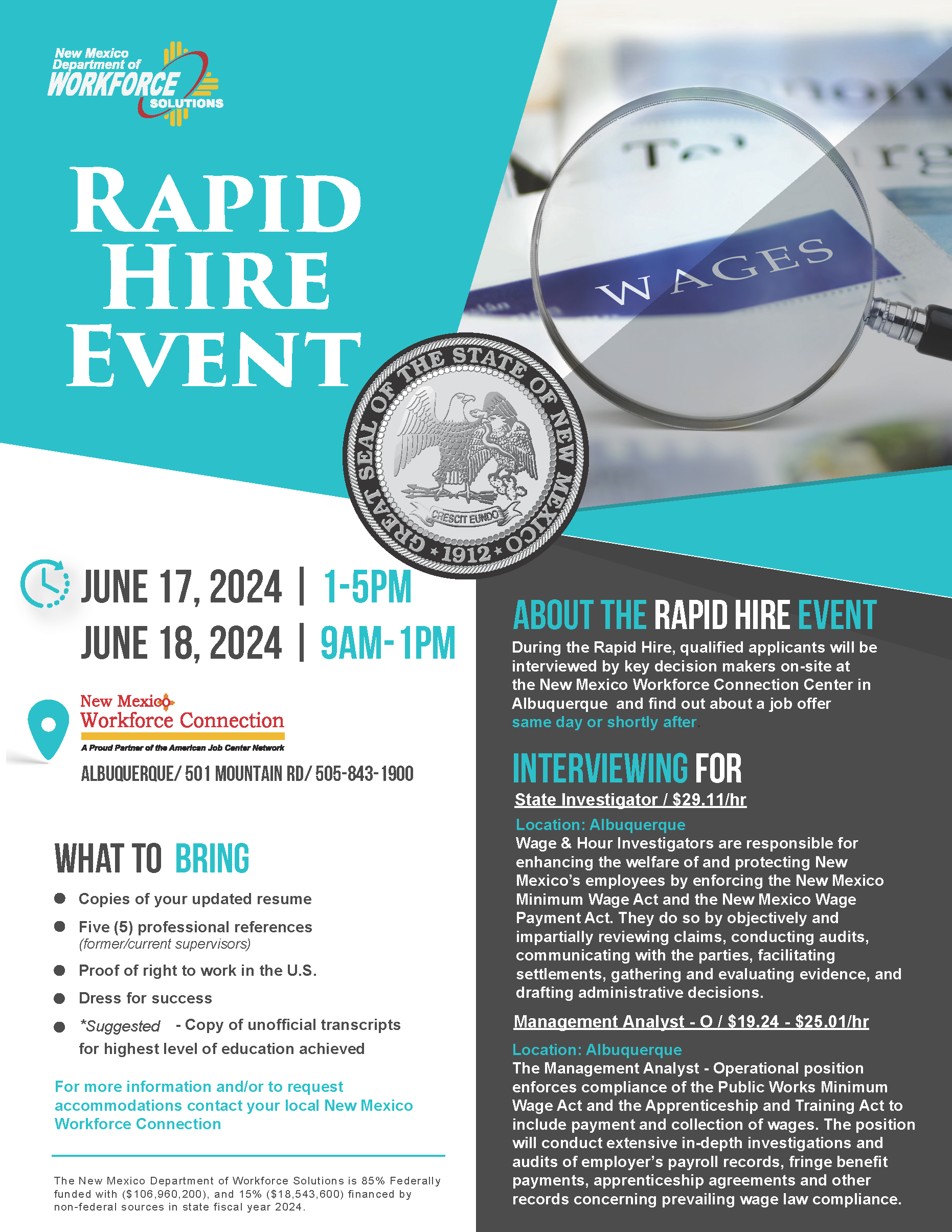 NM Department of Workforce Solutions Rapid Hire Event June 17-18 - Flyer