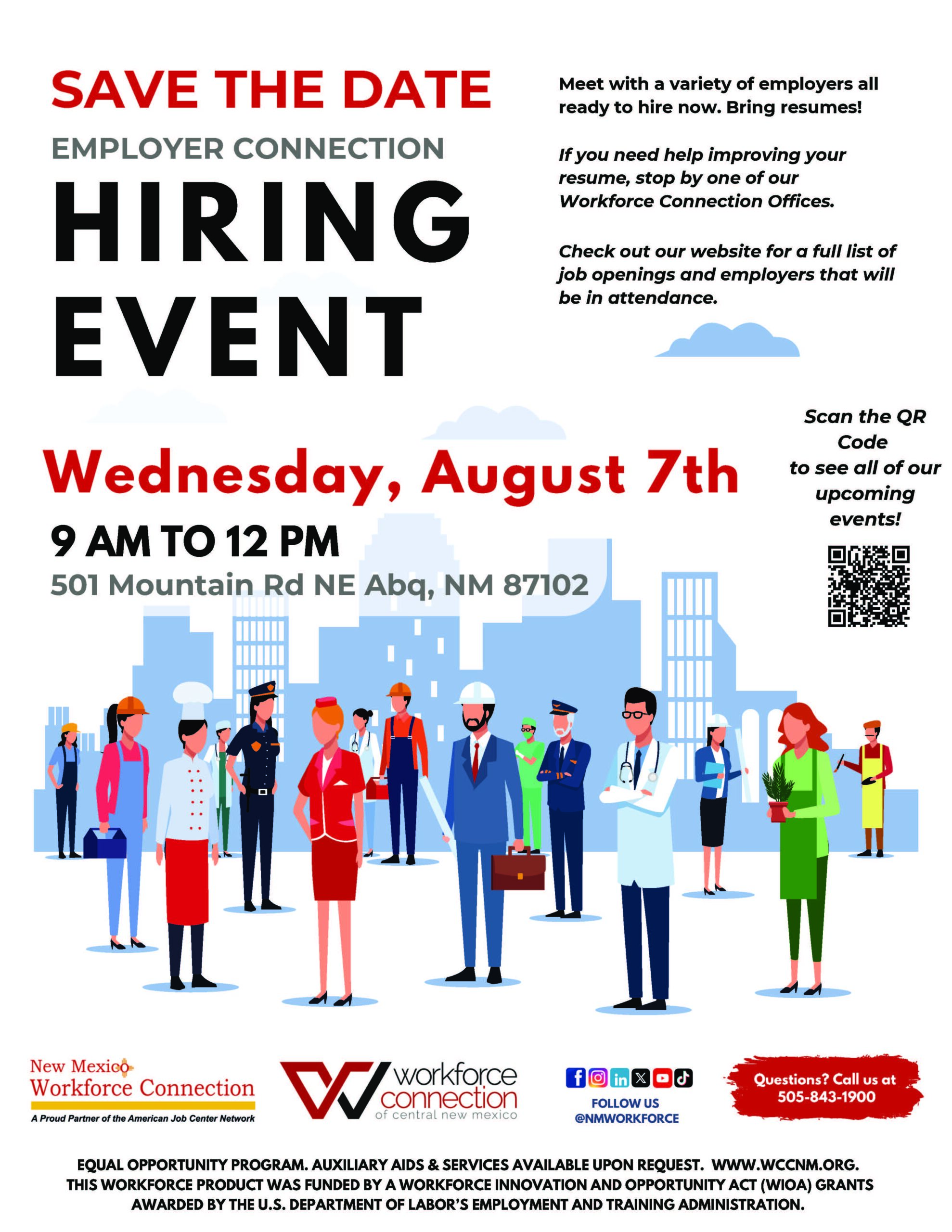 Save the Date Employer Connection Hiring Event - August 7, 9am - 12pm Flyer