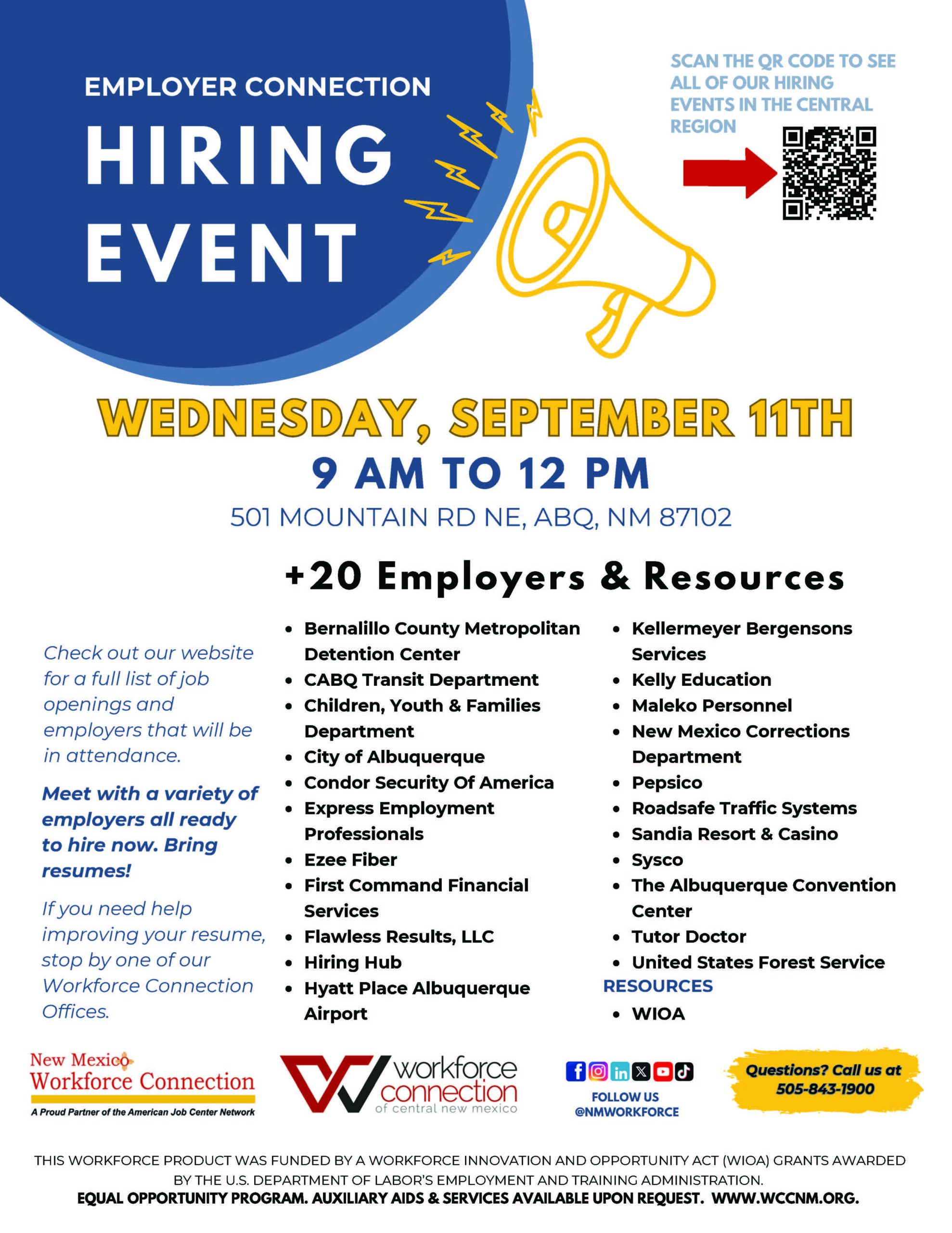 Employer Connection Hiring Event | Wednesday, Sep 11th, 9am - 12pm - Flyer