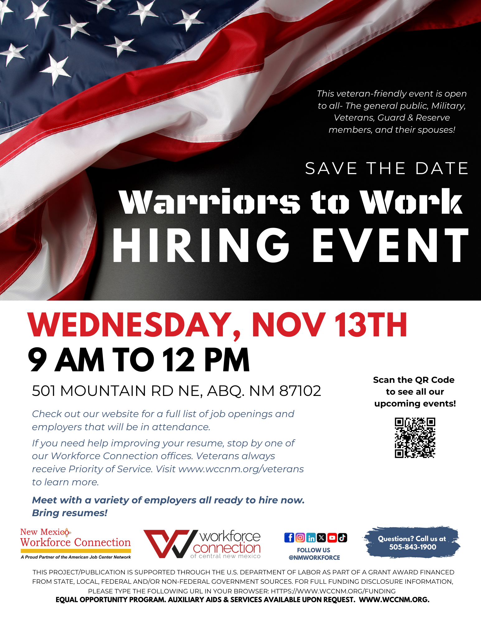 advertisement for career fair showing an American flag with date, time and place