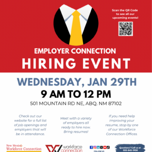 Save the Date Employer Connection Hiring Event on Wednesday, Jan 29th from 9am to 12pm Flyer