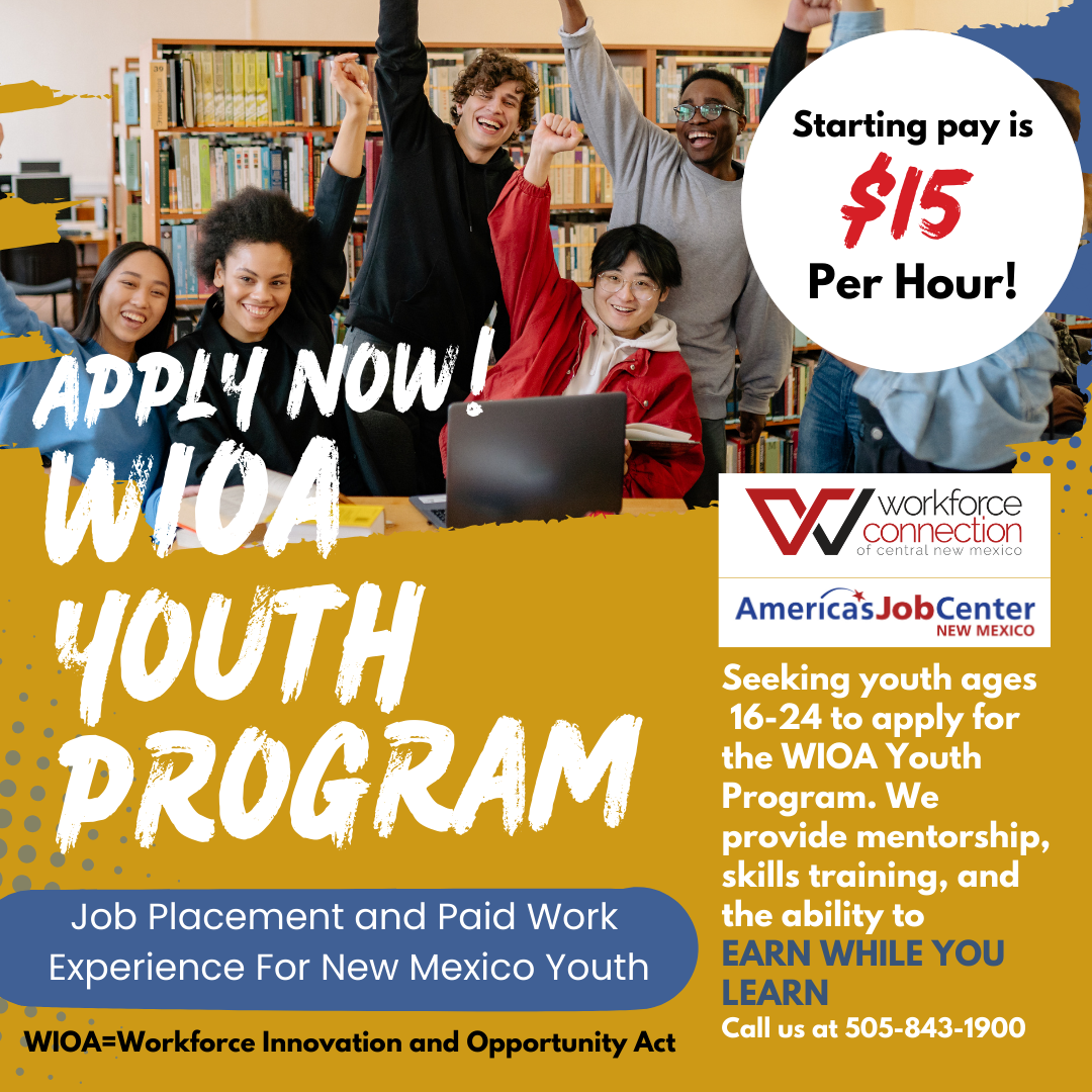 a group of teens celebrating together in a library along with information about the wioa youth program in new Mexico